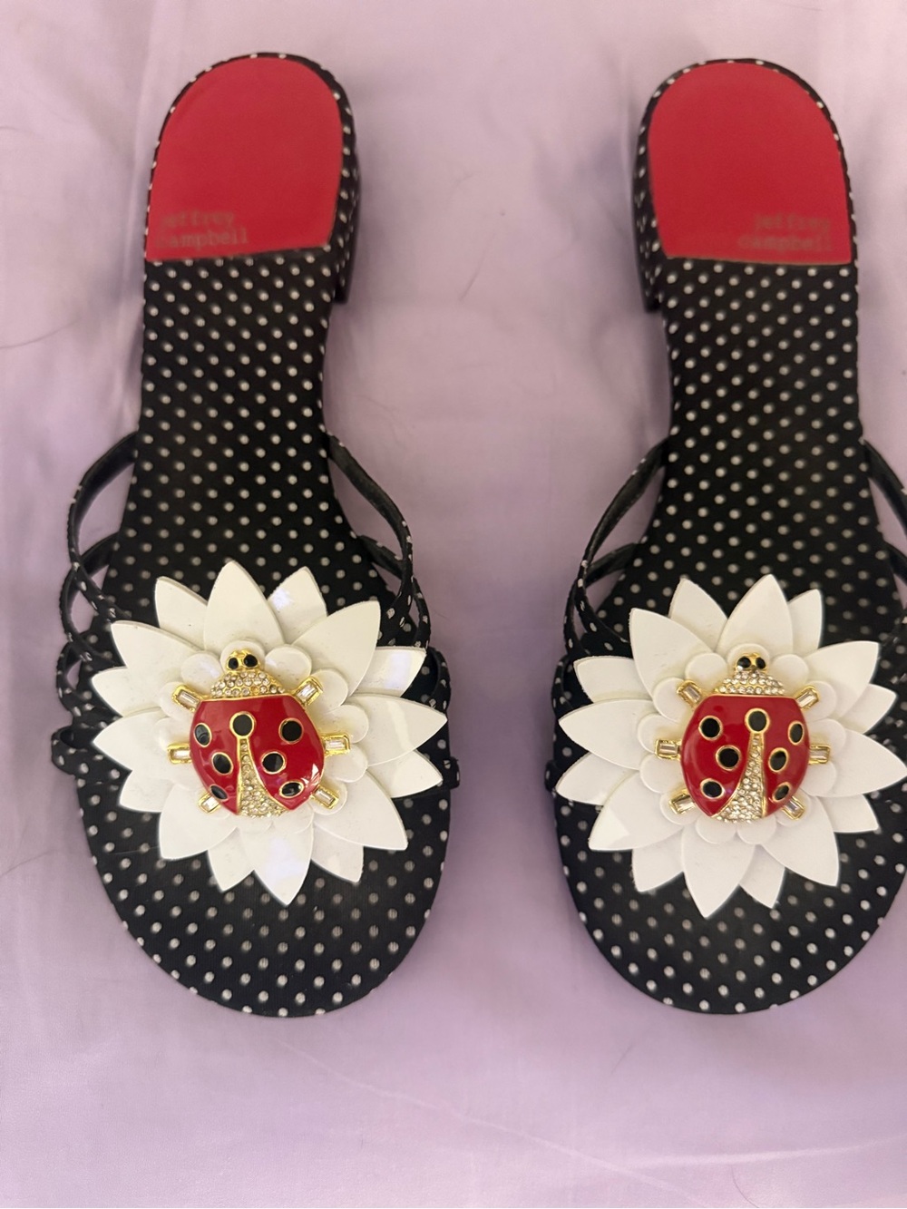 Polka Dot Slide Sandals with White Flower & Red Ladybug Accent